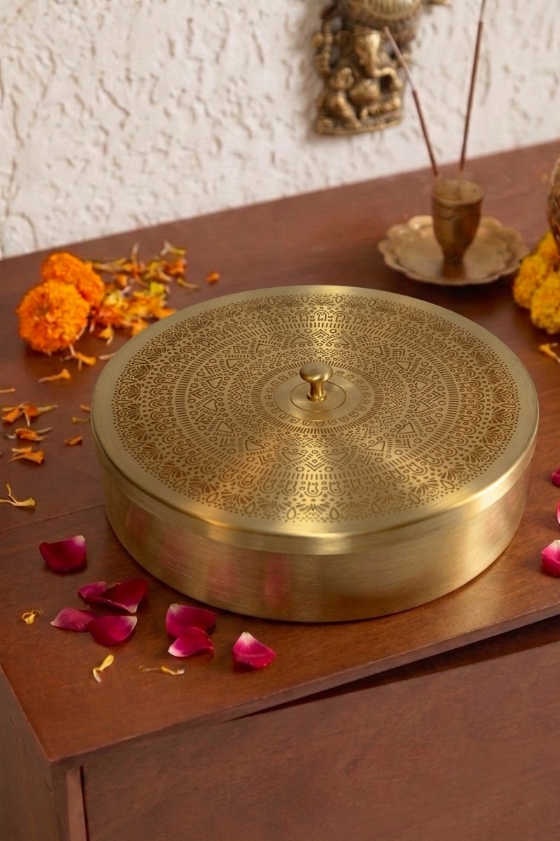 Brass Masala Box 8 Inch Mandala 1 Brass Masala Box 8 Inch Mandala